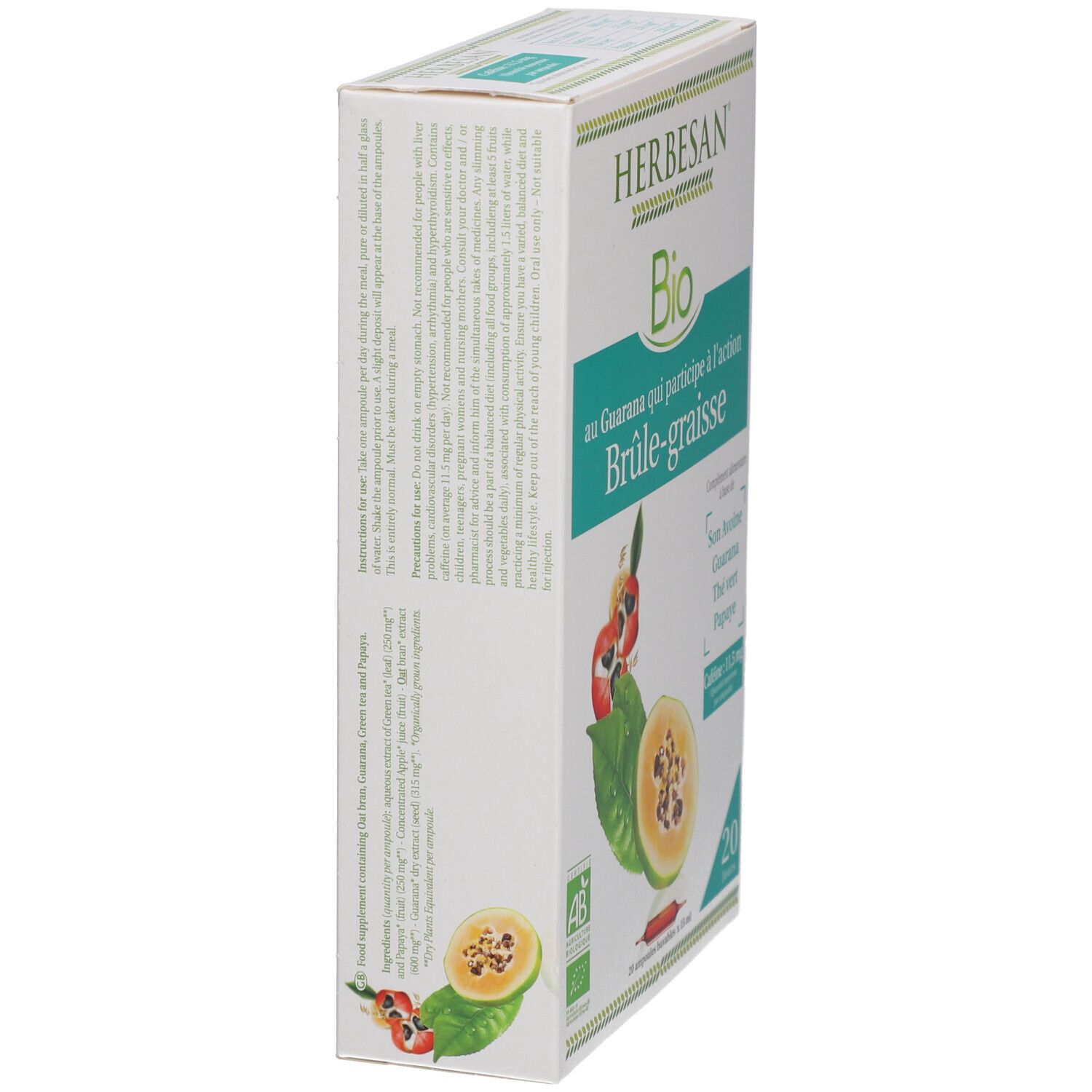 Herbesan Bio Brûle Graisse Guarana Thé Vert Papaye Avoine