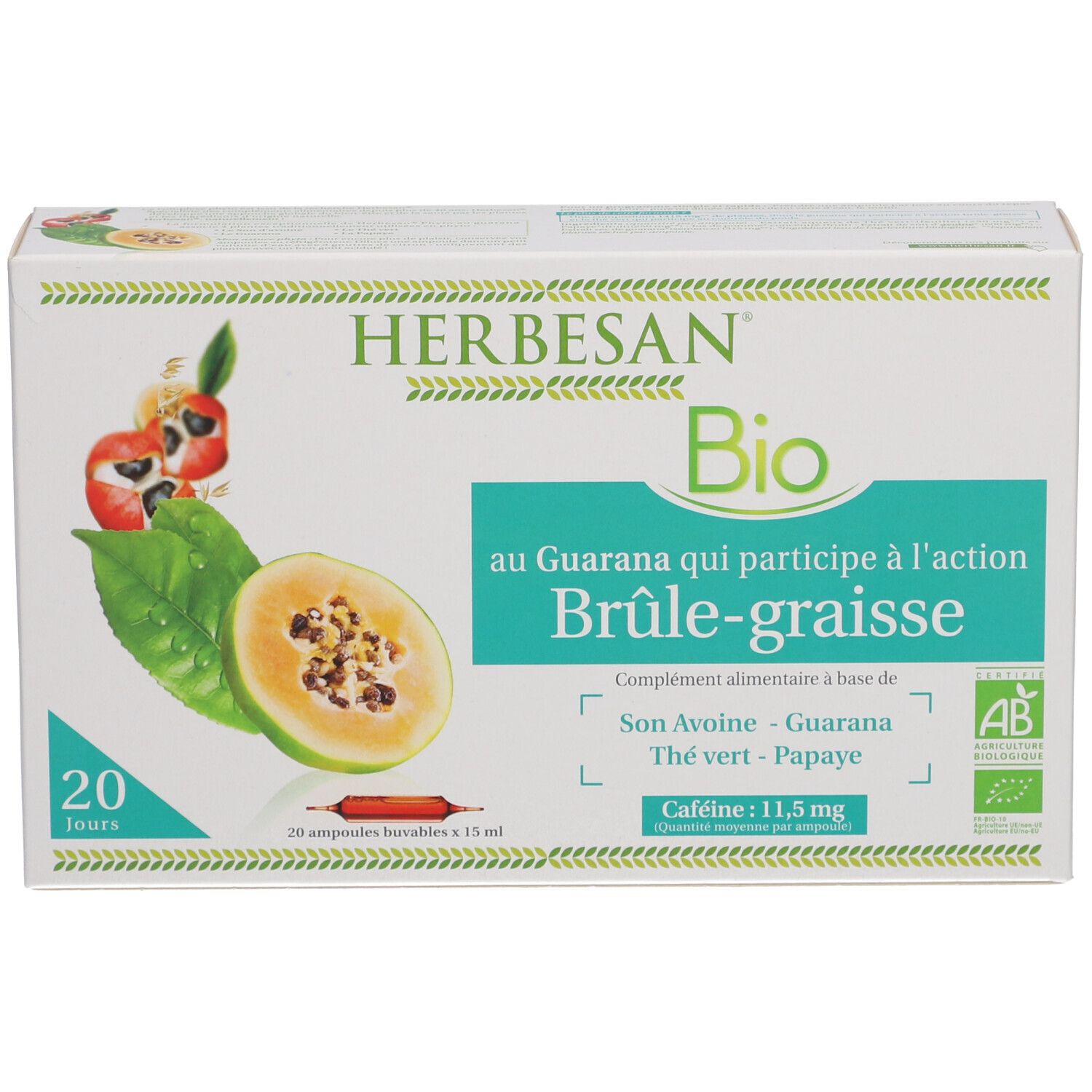 Herbesan Bio Brûle Graisse Guarana Thé Vert Papaye Avoine