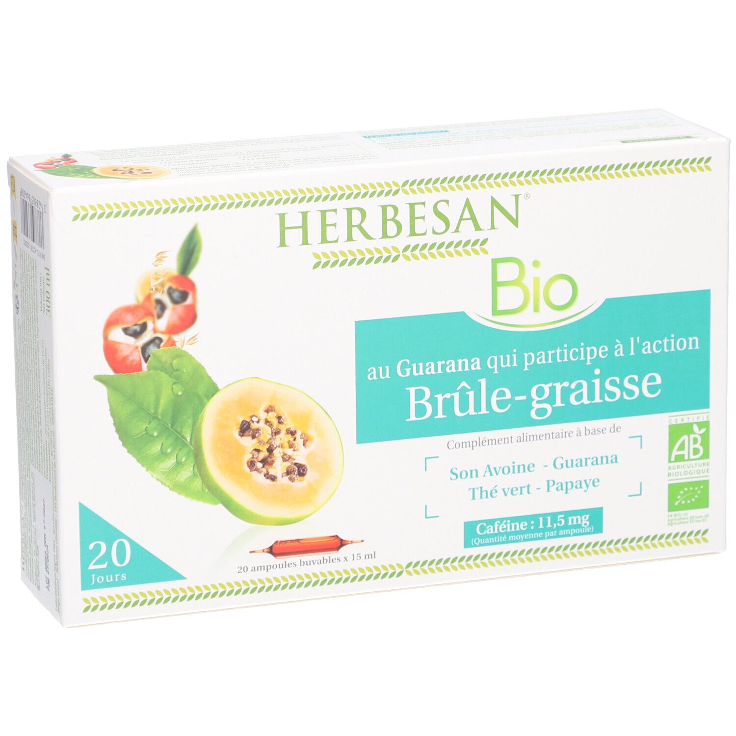 Herbesan Bio Brûle Graisse Guarana Thé Vert Papaye Avoine