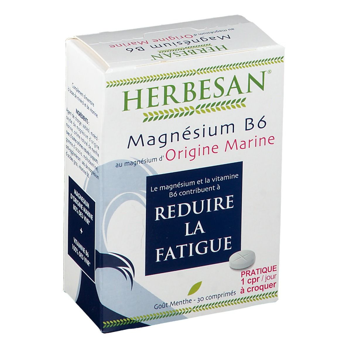 Boîte Herbesan Magnésium B6. Inscription: Réduire la fatigue. 30 comprimés, goût menthe.