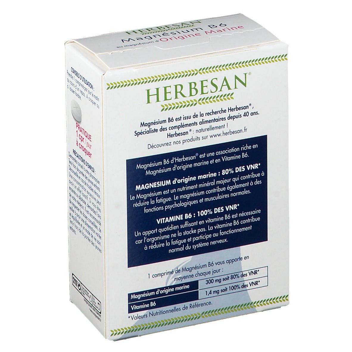 Boîte Herbesan Magnésium B6, dos. Texte: Réduire la fatigue. Informations sur les ingrédients et le dosage.