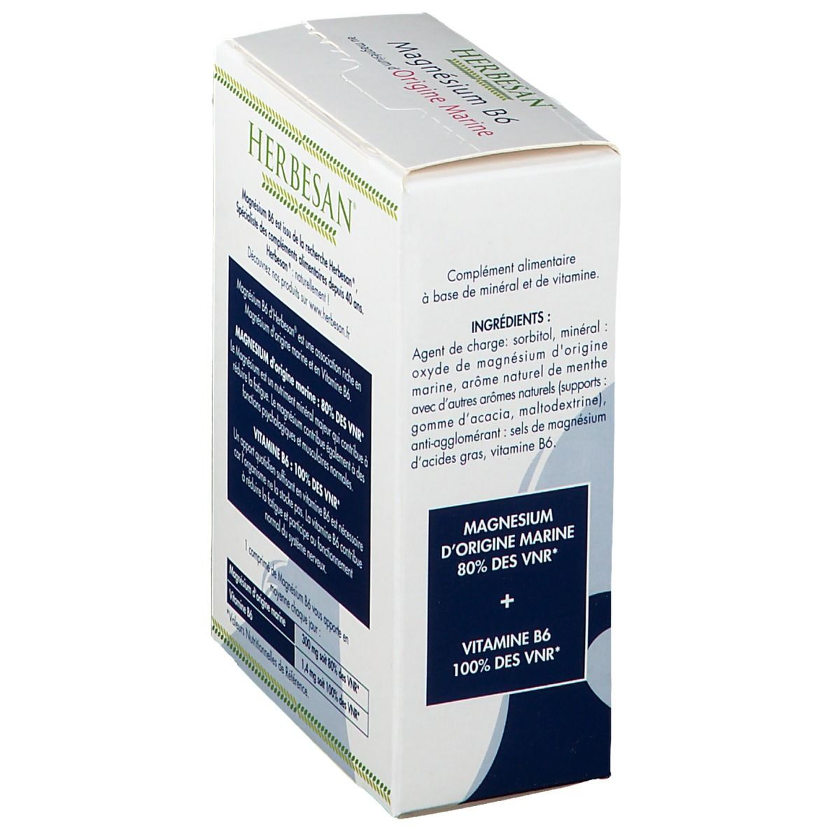 Boîte Herbesan Magnésium B6, vue latérale. Ingrédients et informations nutritionnelles.