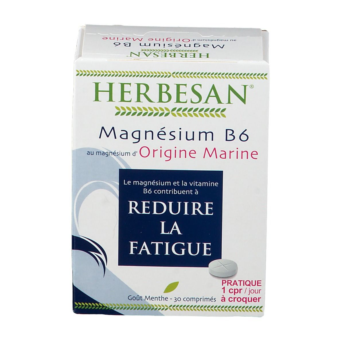 Boîte Herbesan Magnésium B6. Inscription: Réduire la fatigue. 30 comprimés, goût menthe.