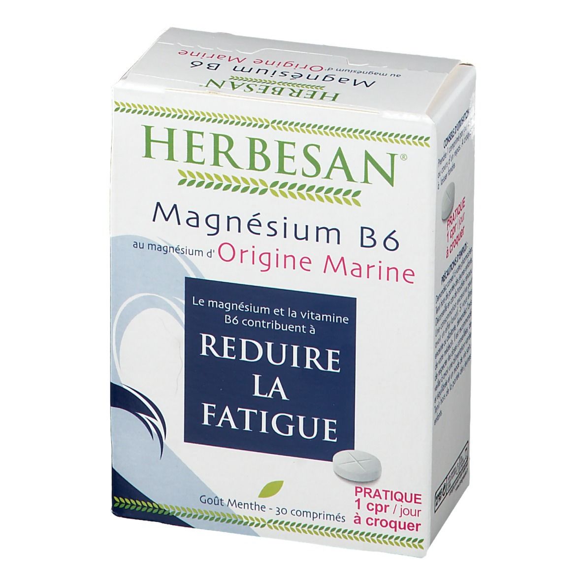 Boîte Herbesan Magnésium B6. Inscription: Réduire la fatigue. 30 comprimés, goût menthe.