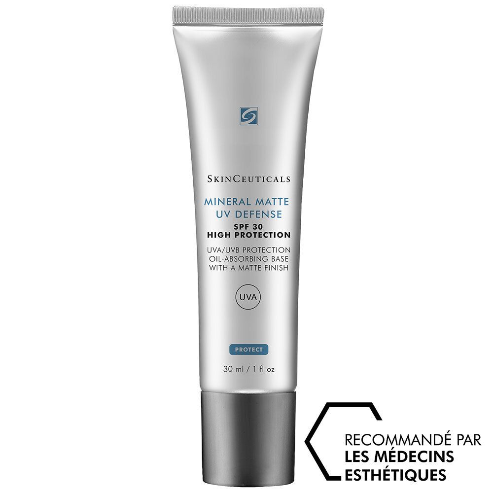 Tube argenté avec informations produit. Texte: MINERAL MATTE UV DEFENSE, SPF 30. Recommandé par les médecins esthétiques.