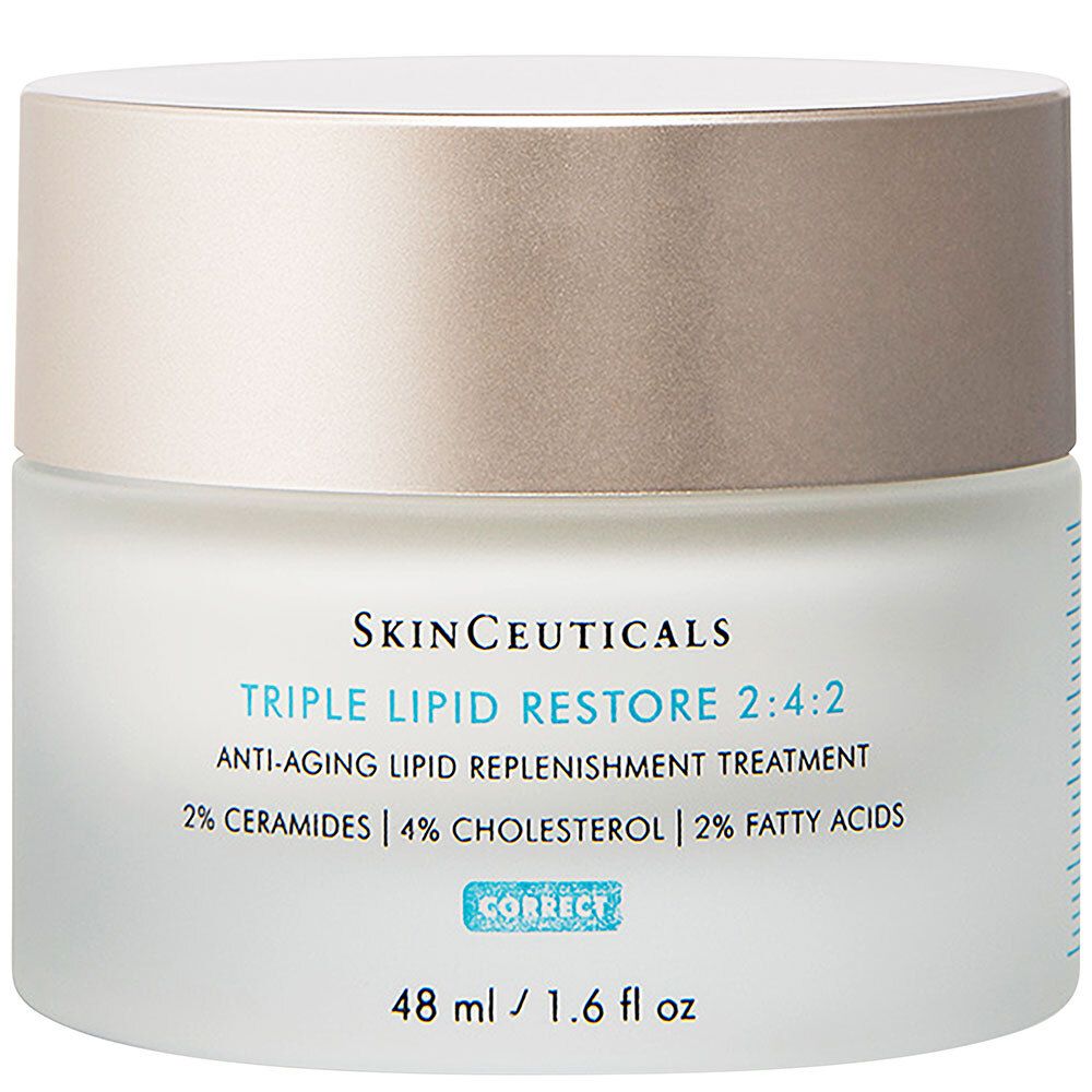 Pot de crème avec couvercle. Inscription : SkinCeuticals Triple Lipid Restore 2:4:2. Contient céramides, cholestérol et acides gras. 48 ml.