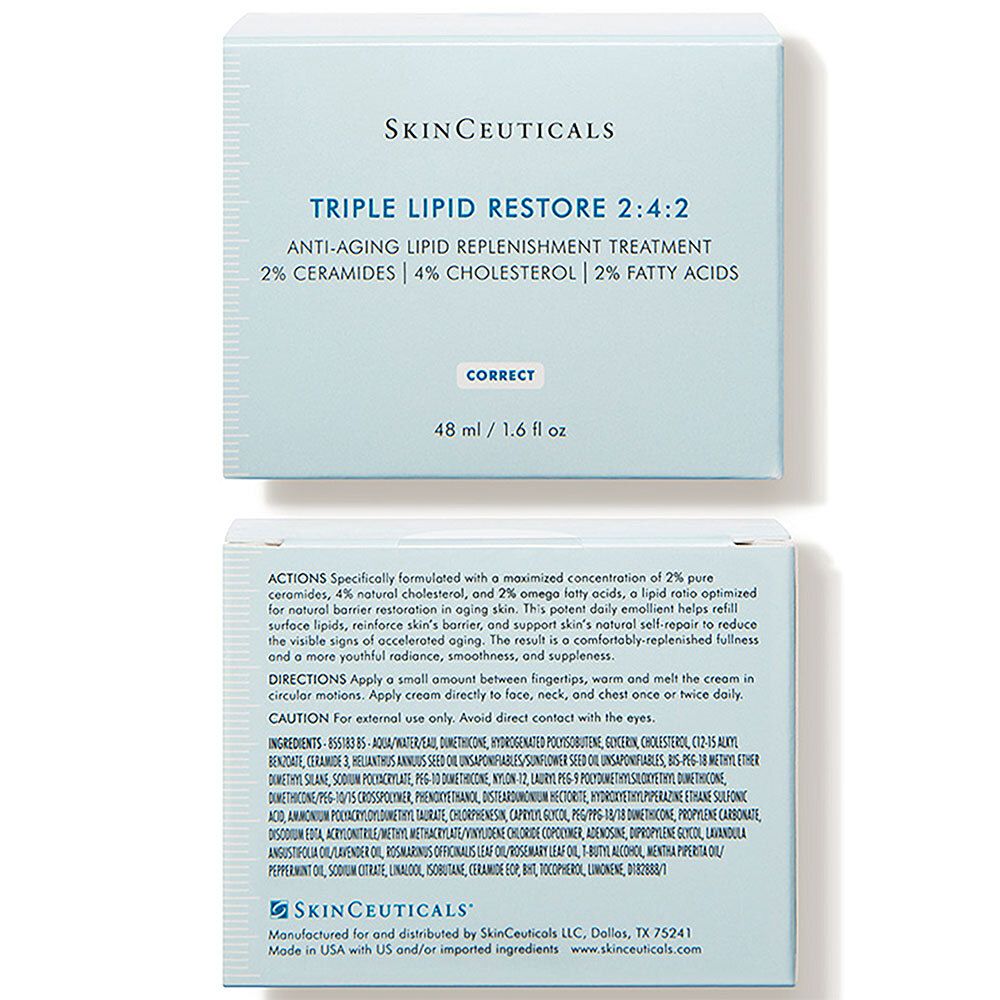 Emballage avec informations produit. Inscription : SkinCeuticals Triple Lipid Restore 2:4:2. Contient céramides, cholestérol et acides gras. 48 ml.