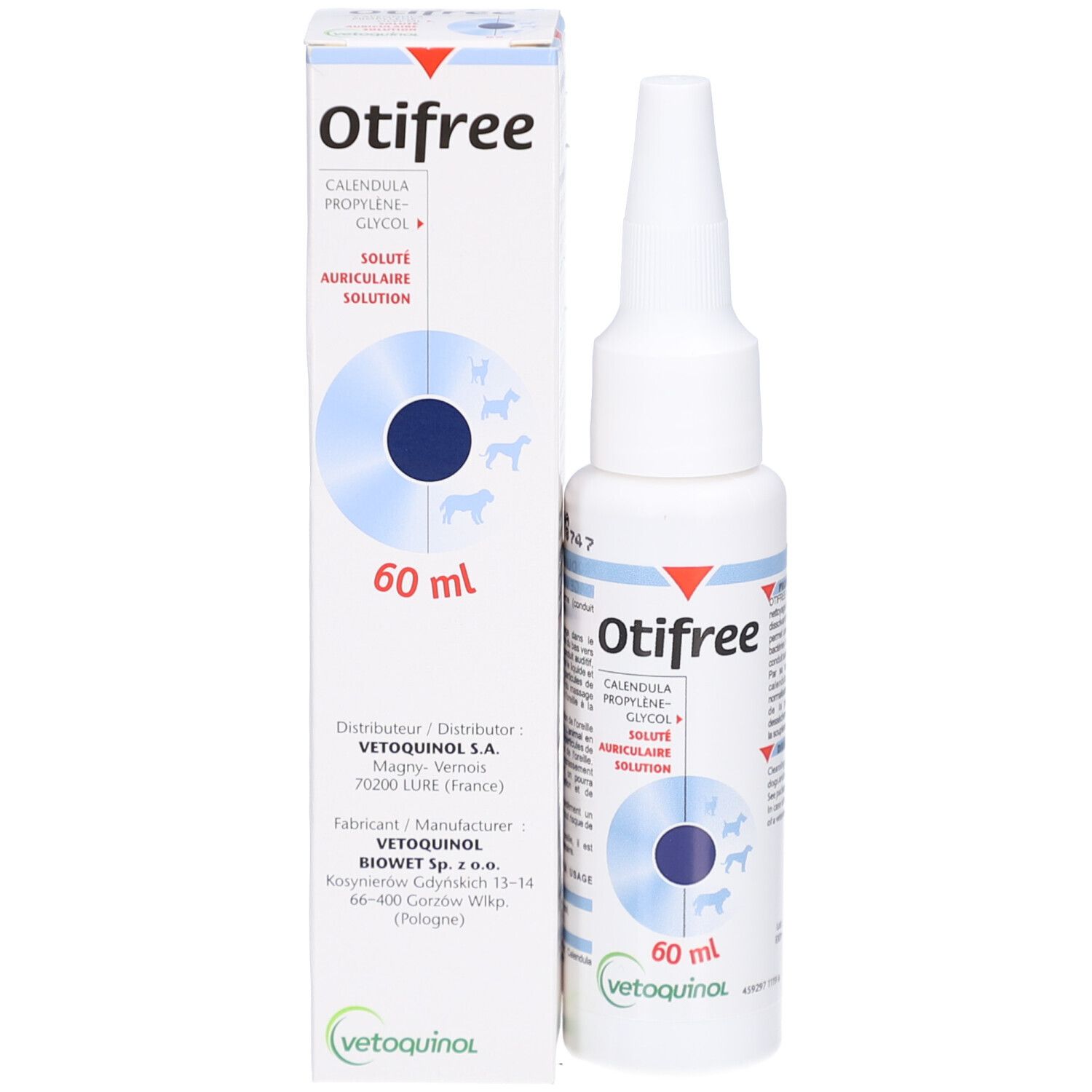 Flacon et boîte Otifree. Inscriptions: Calendula, Propylene Glycol, Solute Auriculaire Solution. 60 ml. Logo Vetoquinol.