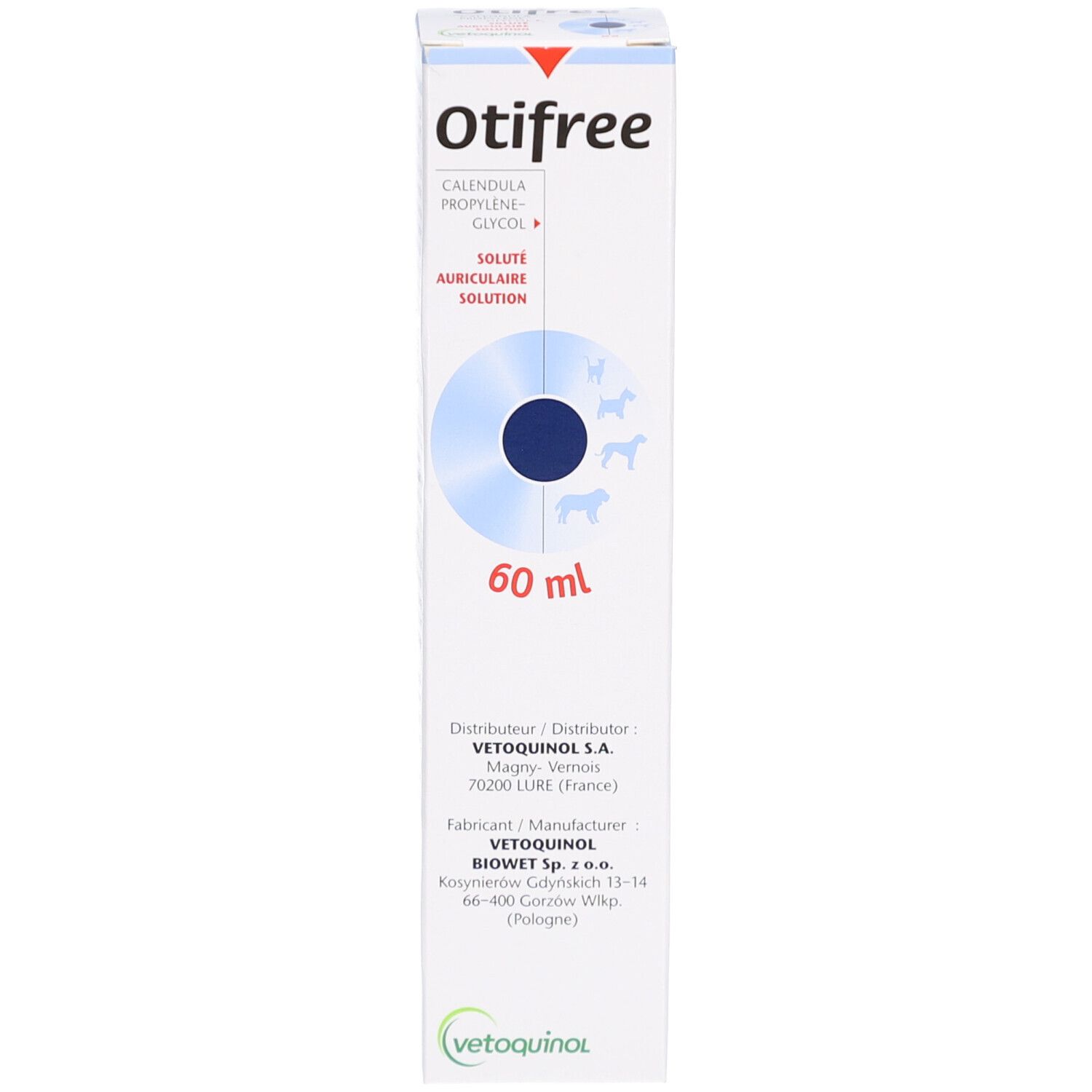 Boîte blanche. Texte: Otifree, 60 ml, Vetoquinol. Image du produit.