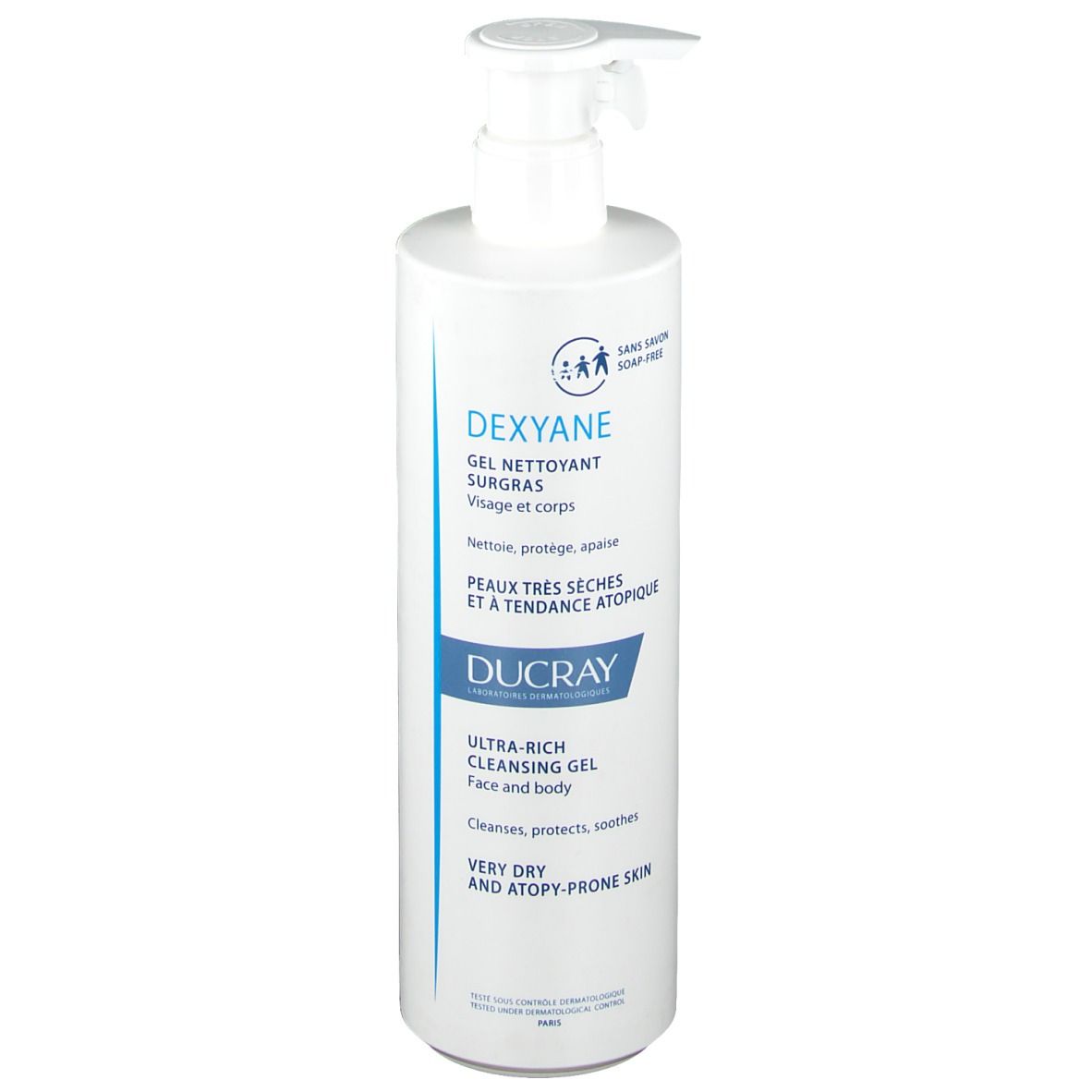 Flacon blanc avec pompe. DUCRAY Dexyane Gel nettoyant. Texte en français et anglais. Pour peaux très sèches.
