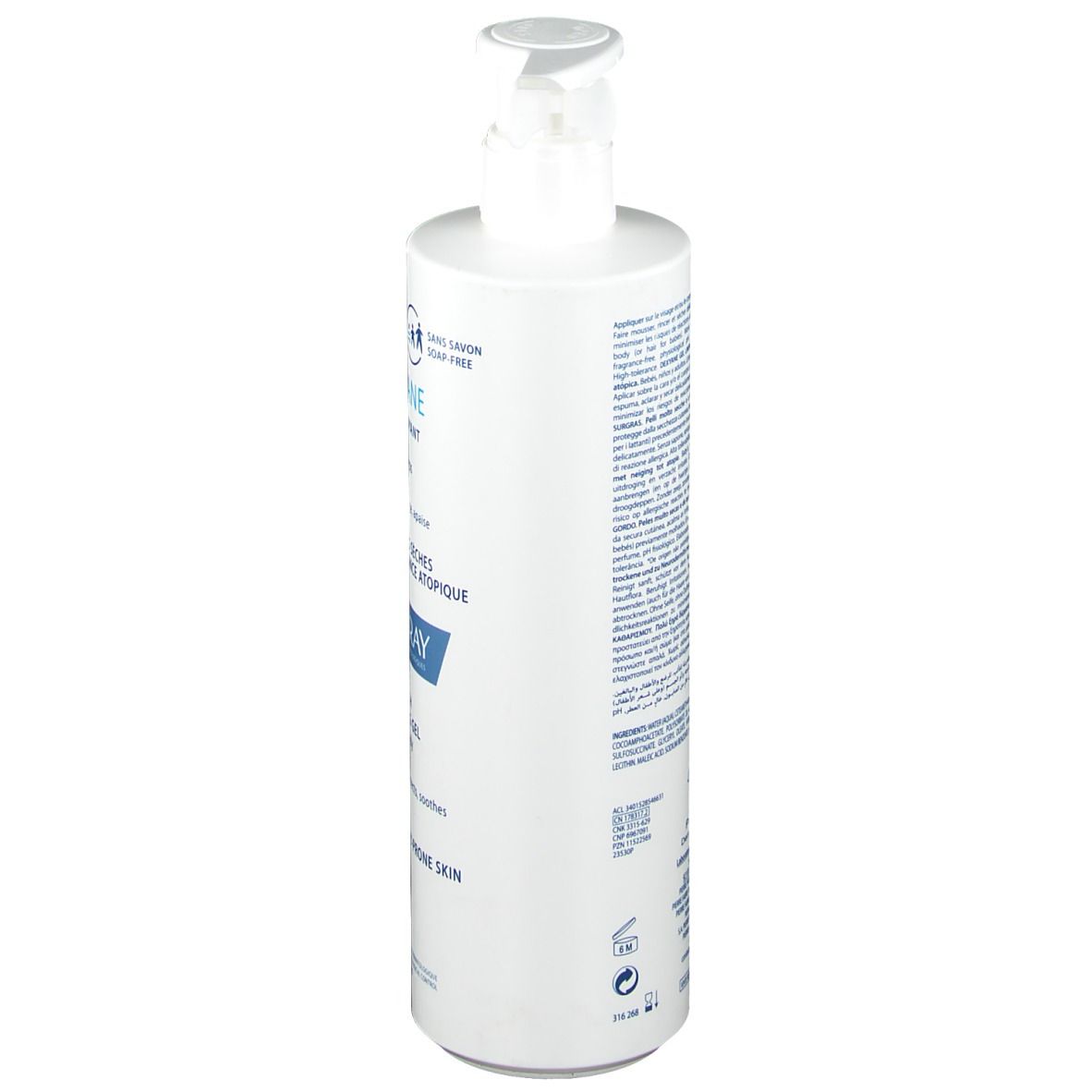 Dos du flacon blanc. Texte en plusieurs langues. 400 ml. Code QR. Informations du fabricant.