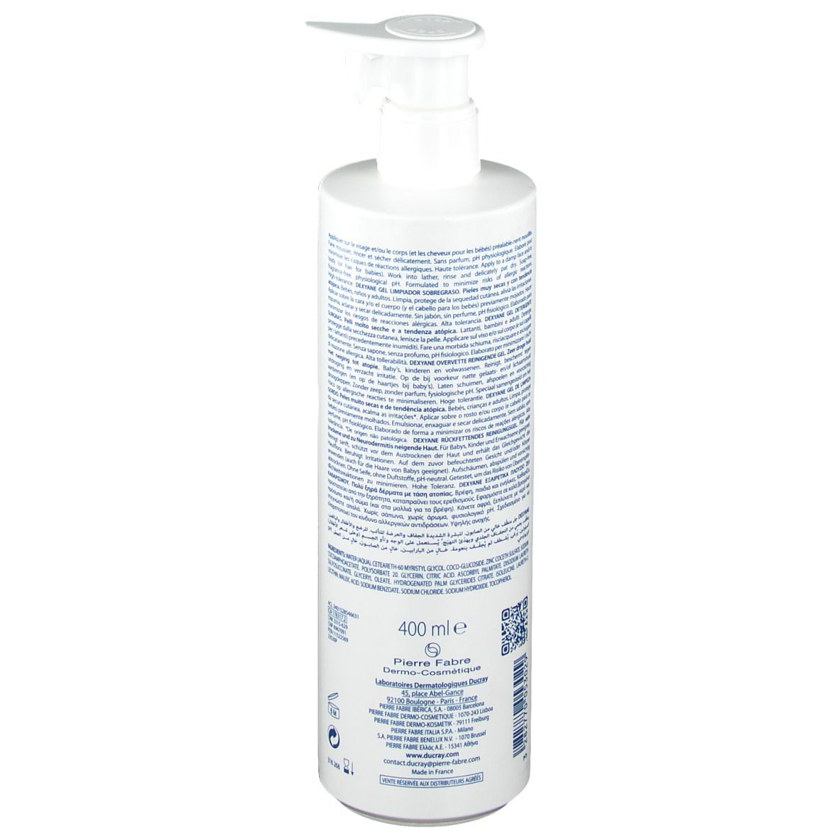 Dos du flacon blanc. Texte en plusieurs langues. 400 ml. Code QR. Informations du fabricant.