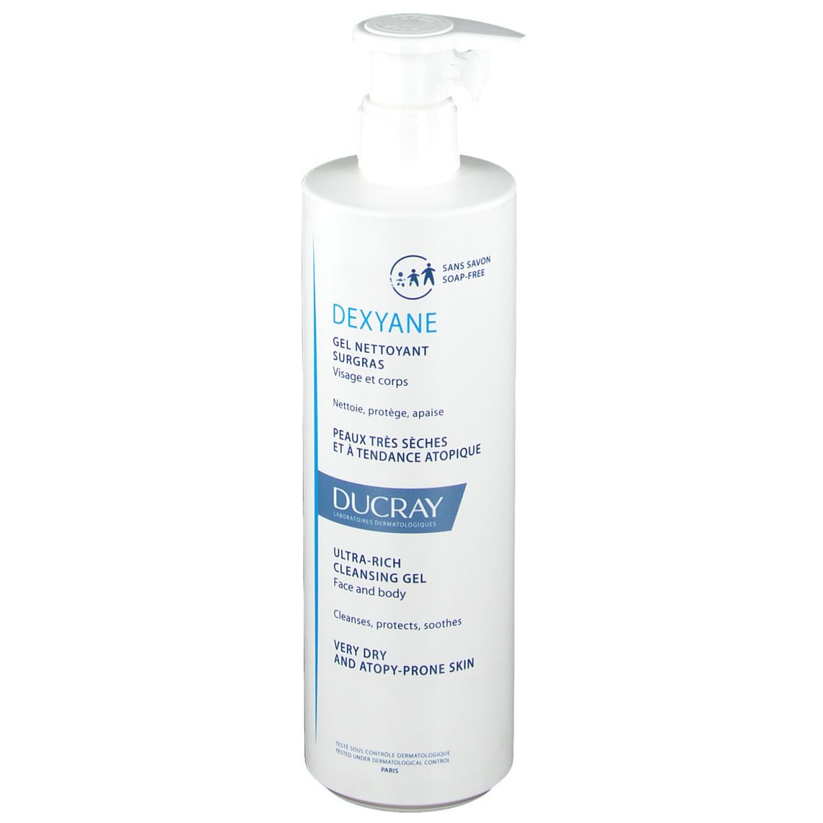 Flacon blanc avec pompe. DUCRAY Dexyane Gel nettoyant. Texte en français et anglais. Pour peaux très sèches.