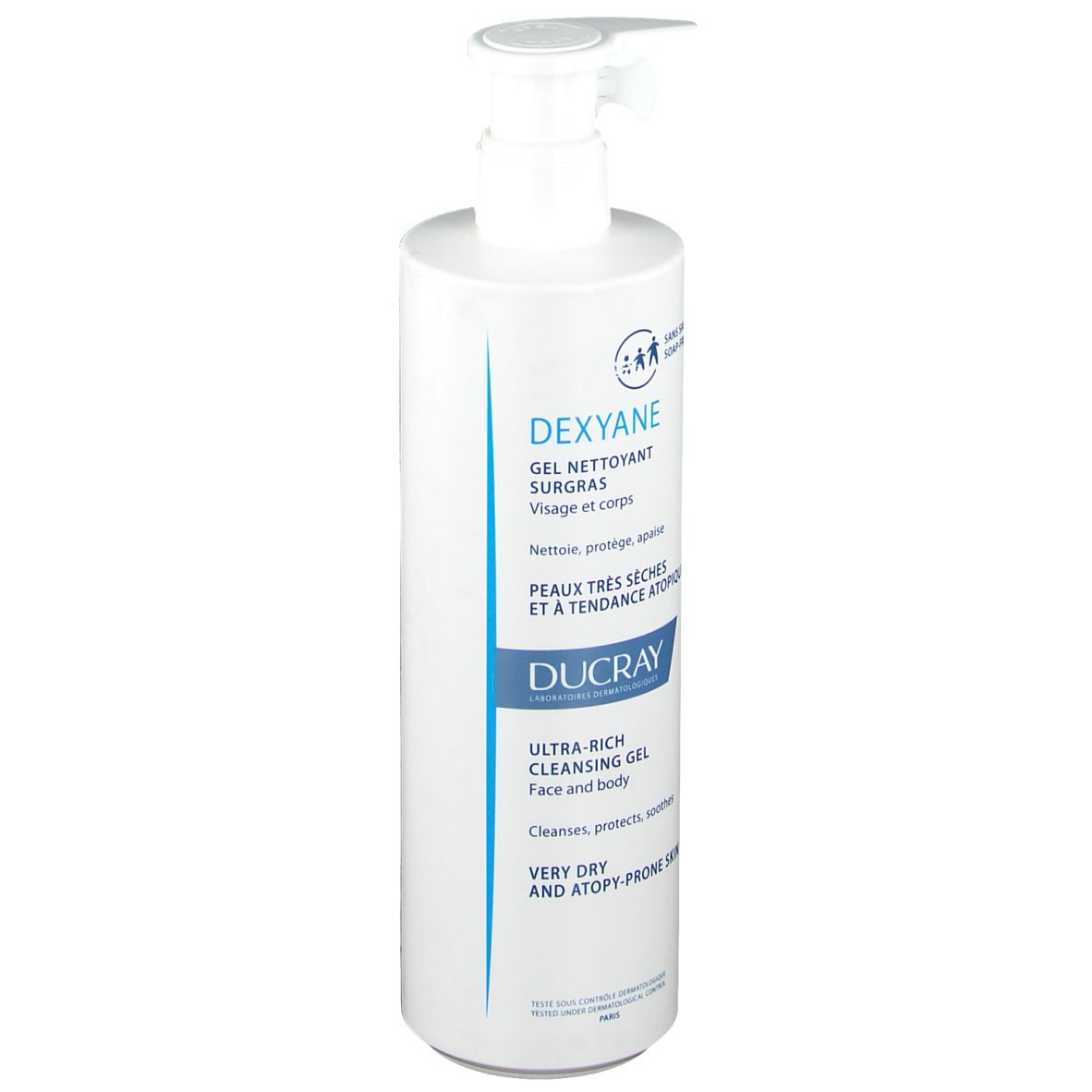 Flacon blanc avec pompe. DUCRAY Dexyane Gel nettoyant. Texte en français et anglais. Pour peaux très sèches.