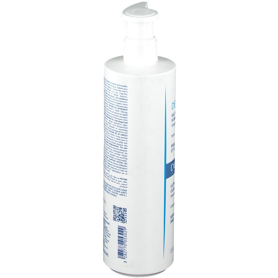 Dos du flacon blanc. Texte en plusieurs langues. 400 ml. Code QR. Informations du fabricant.