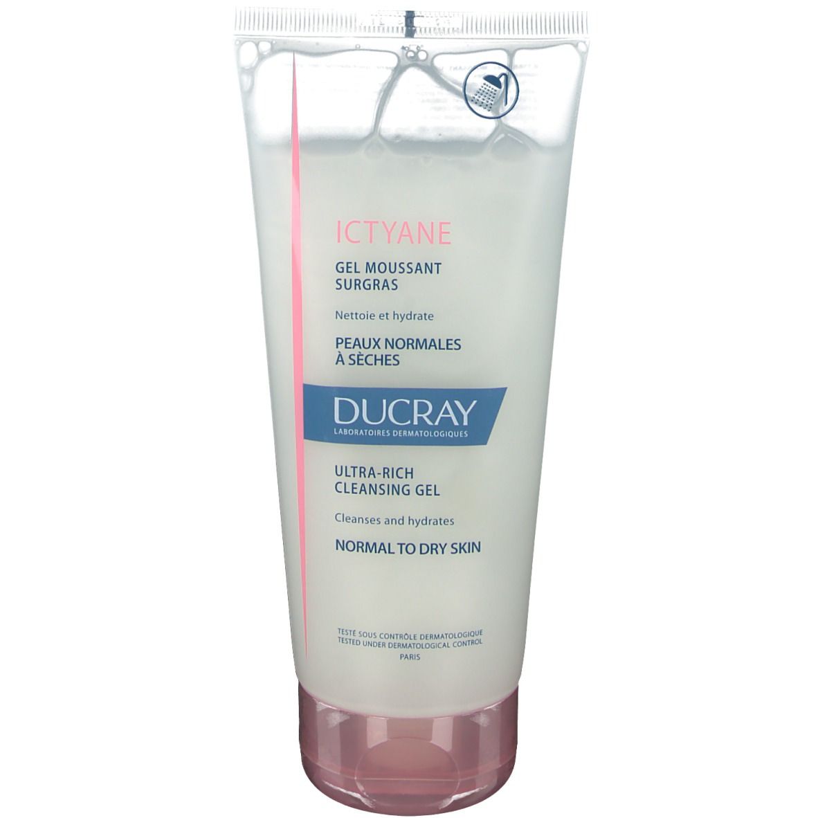 Tube transparent, bouchon rose. Inscription: Ictyane, Gel moussant surgras, Peaux normales à sèches, Ducray.