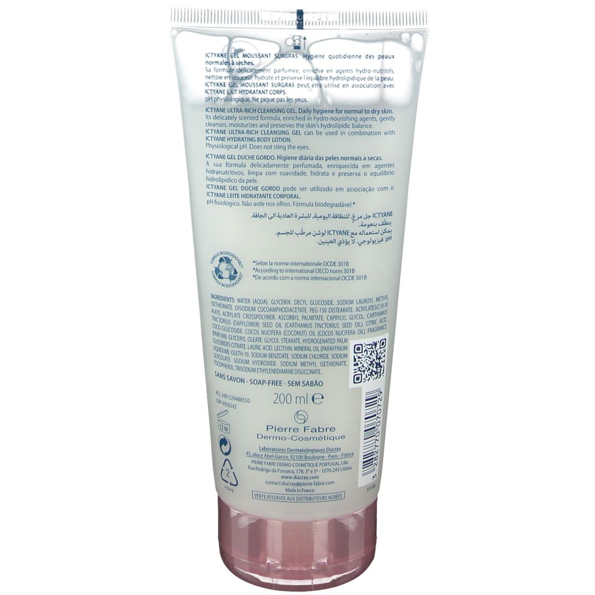 Dos du tube. Contient texte et ingrédients. Logo Pierre Fabre. Volume: 200 ml.