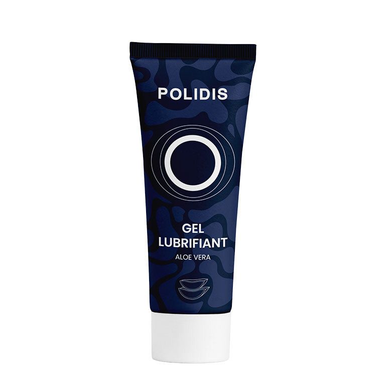 Tube de POLIDIS Gel Lubrifiant Aloe Vera avec bouchon blanc. Design bleu foncé avec motifs abstraits.
