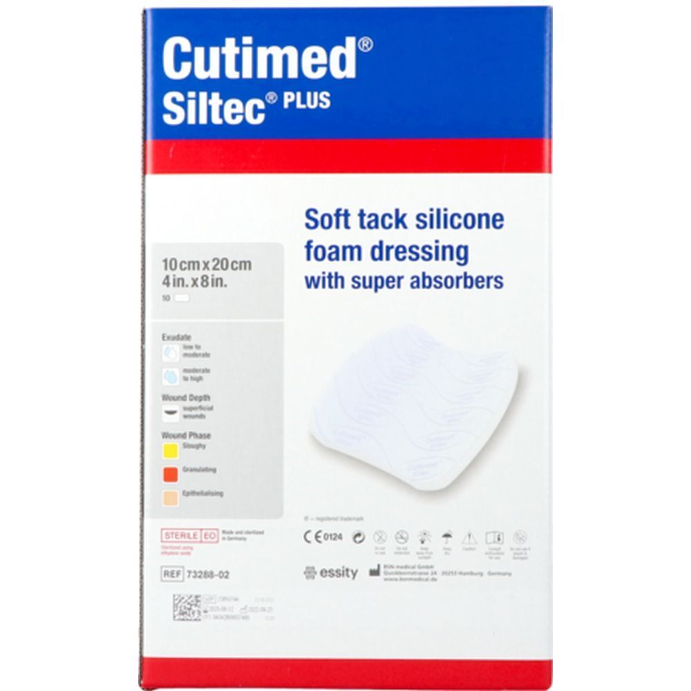 Emballage de Cutimed Siltec Plus. Pansement en mousse de silicone souple avec super-absorbants. Taille : 10x20 cm.