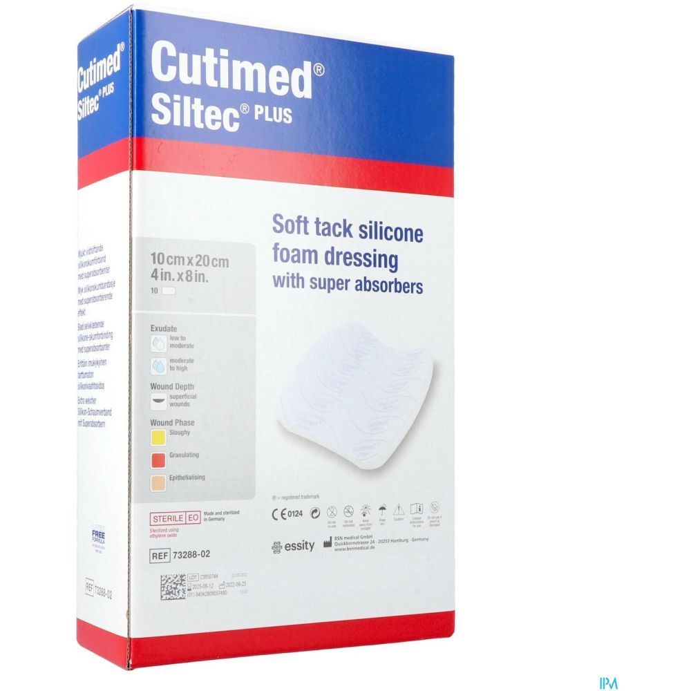 Emballage de Cutimed Siltec Plus. Pansement en mousse de silicone souple avec super-absorbants. Taille : 10x20 cm.