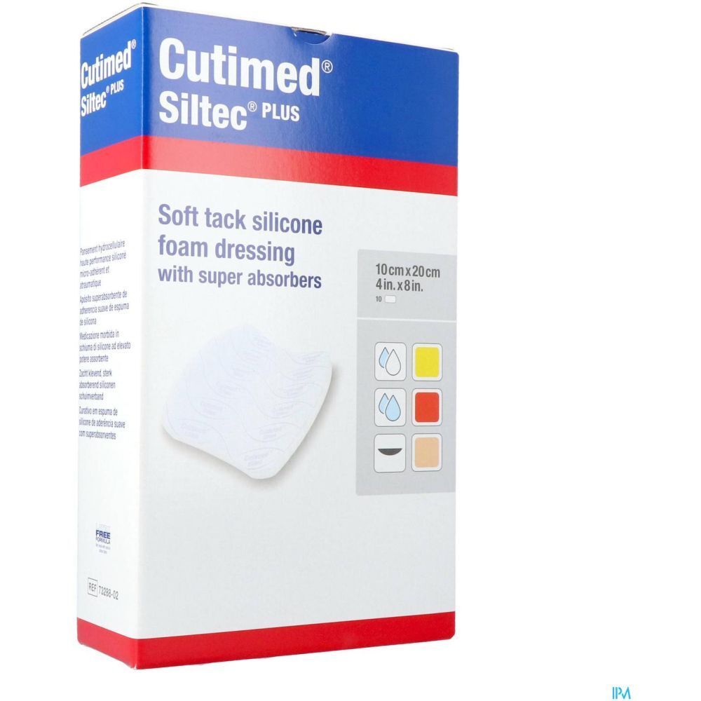 Emballage de Cutimed Siltec Plus. Pansement en mousse de silicone souple avec super-absorbants. Taille : 10x20 cm.