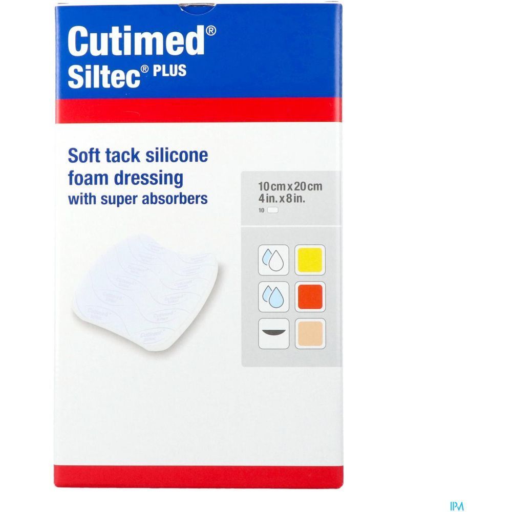Emballage de Cutimed Siltec Plus. Pansement en mousse de silicone souple avec super-absorbants. Taille : 10x20 cm.