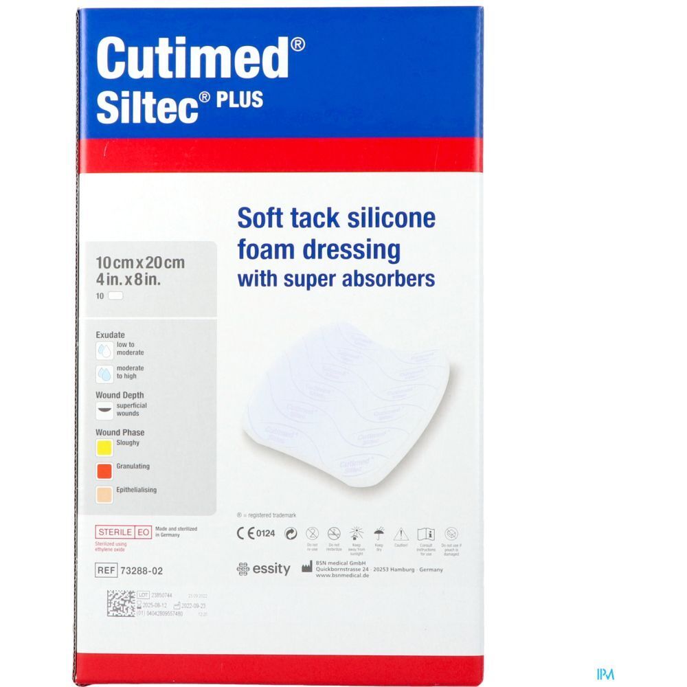 Emballage de Cutimed Siltec Plus. Pansement en mousse de silicone souple avec super-absorbants. Taille : 10x20 cm.
