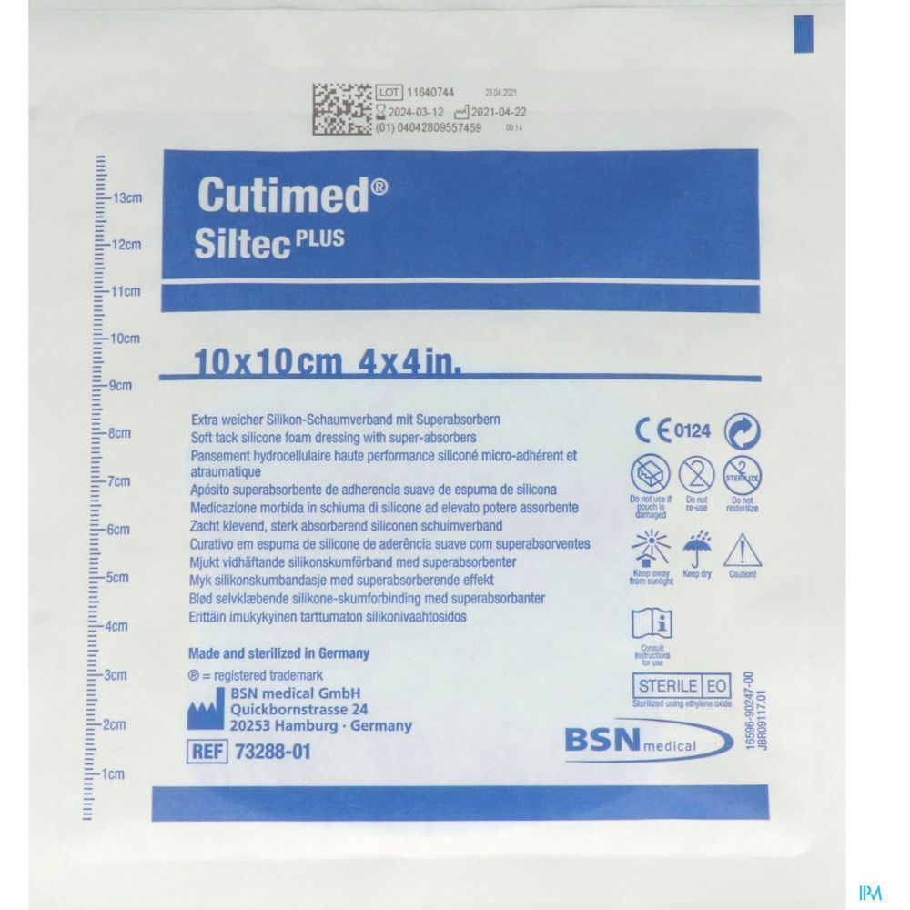 Emballage de Cutimed Siltec Plus. Pansement en mousse de silicone souple avec super-absorbants. Taille : 10x10 cm.