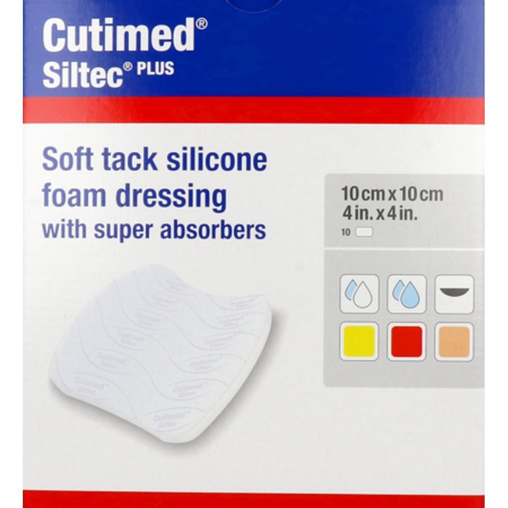 Cutimed Siltec Plus, 10x10cm. Pansement en mousse de silicone souple avec super-absorbants. Sur fond blanc.