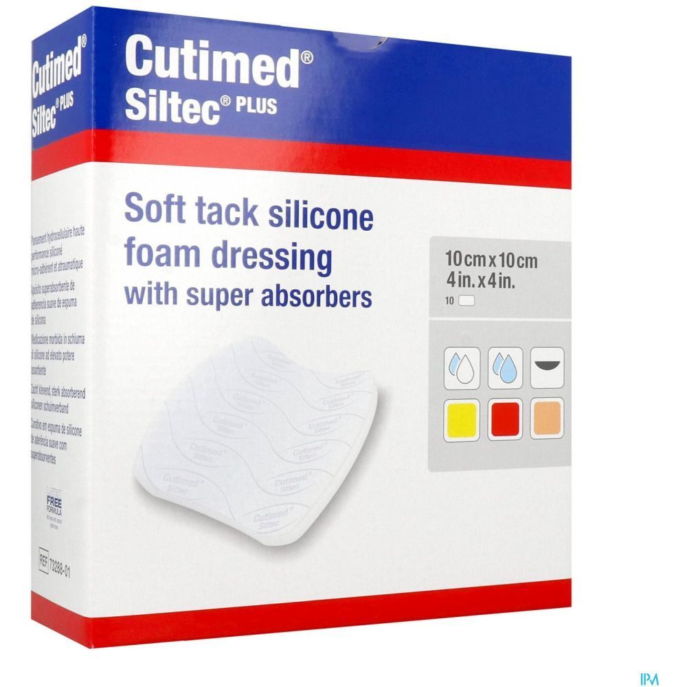 Emballage de Cutimed Siltec Plus 10x10cm. Pansement en mousse de silicone souple avec super-absorbants. Vue du produit.