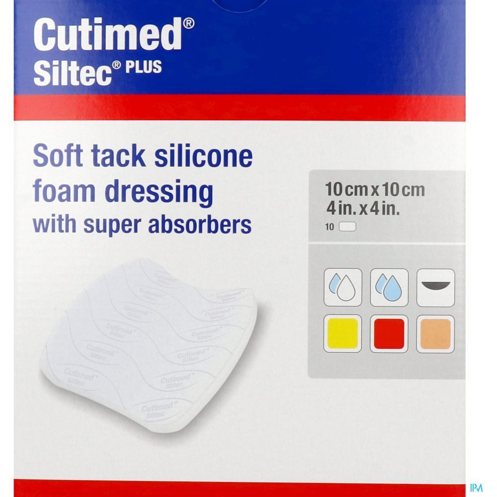 Cutimed Siltec Plus, 10x10cm. Pansement en mousse de silicone souple avec super-absorbants. Vue du produit.