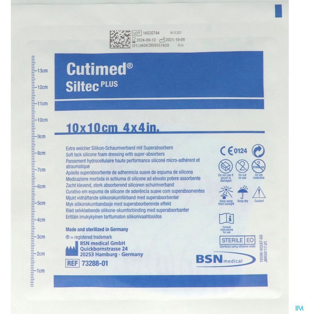 Emballage de Cutimed Siltec Plus 10x10cm. Pansement en mousse de silicone souple avec super-absorbants. Stérile.