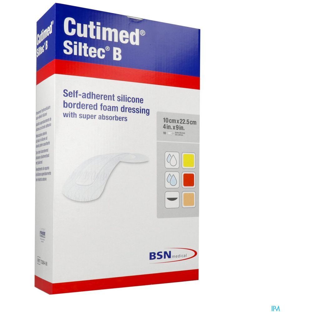 Emballage de Cutimed Siltec B. Pansement en mousse de silicone auto-adhésif avec super absorbants. Dimensions : 10x22,5cm.