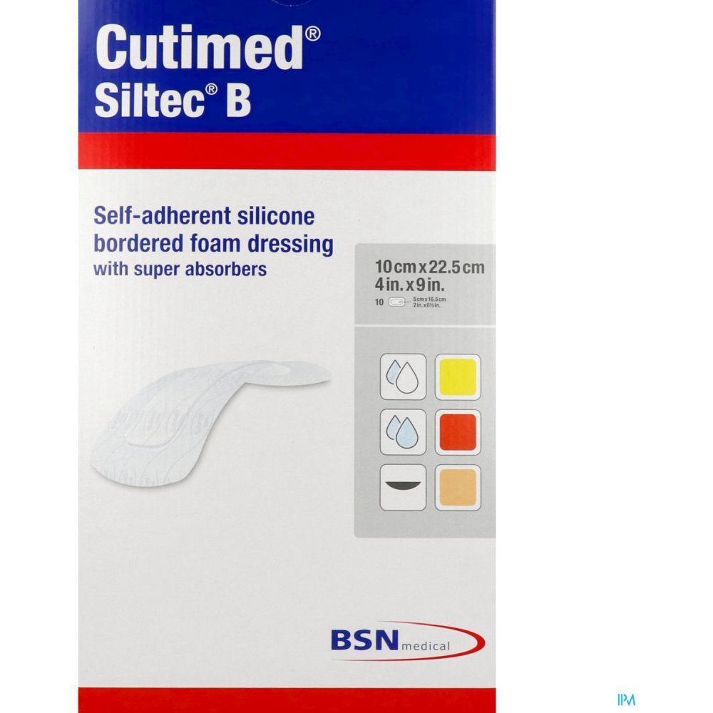 Emballage de Cutimed Siltec B. Pansement en mousse de silicone auto-adhésif avec super absorbants. Dimensions : 10x22,5cm.