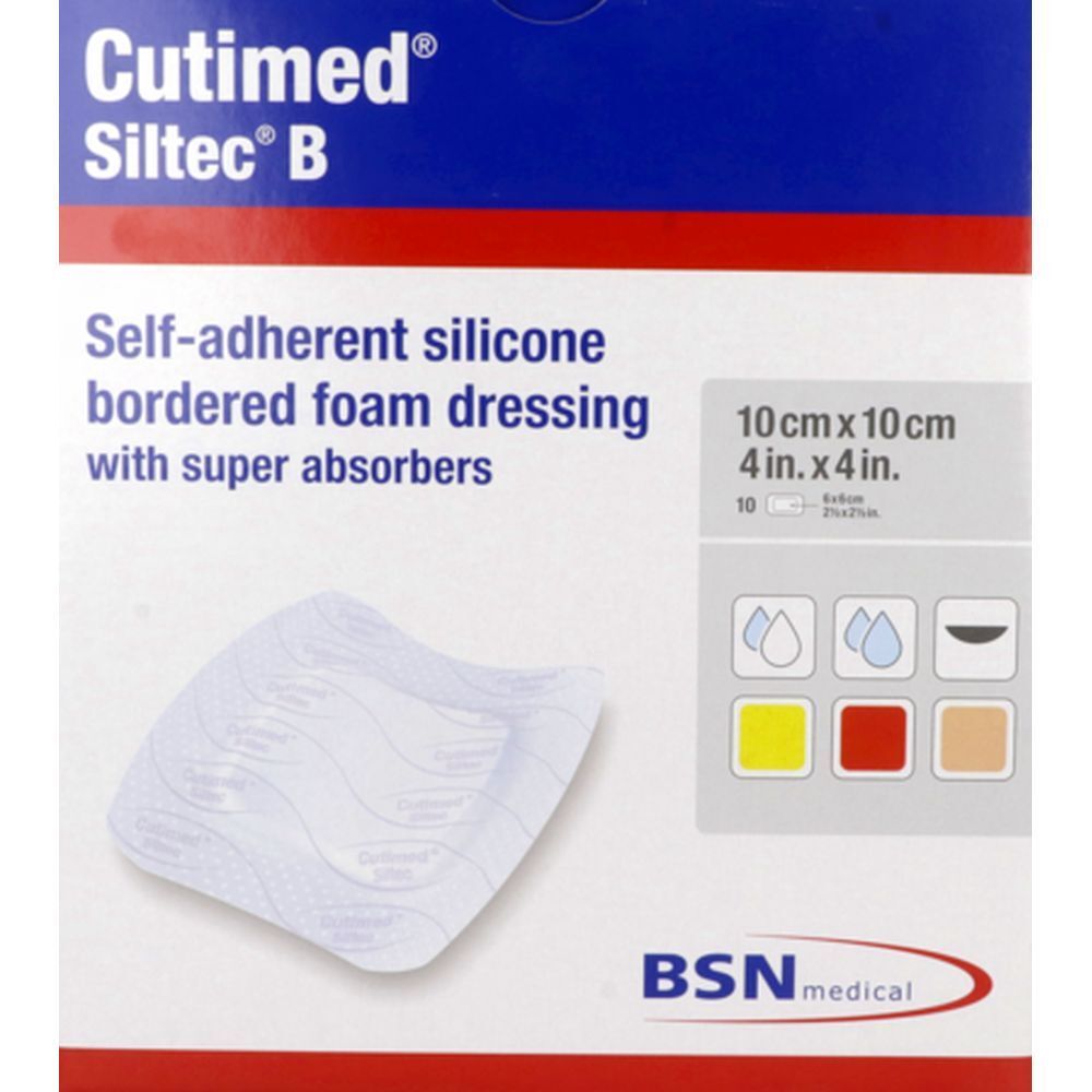 Emballage de Cutimed Siltec B, 10 cm x 10 cm. Pansement en mousse de silicone auto-adhésif avec super-absorbeurs. Logo BSN medical.