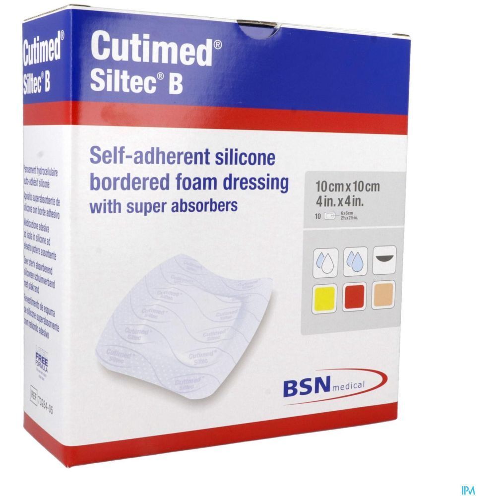 Emballage de Cutimed Siltec B, 10 cm x 10 cm. Pansement en mousse de silicone auto-adhésif avec super-absorbeurs. Logo BSN medical.