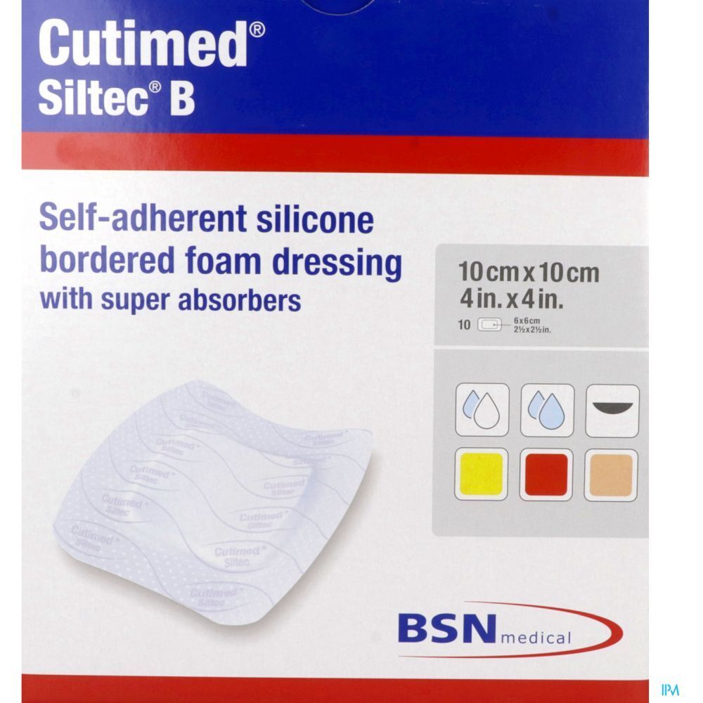 Emballage de Cutimed Siltec B, 10 cm x 10 cm. Pansement en mousse de silicone auto-adhésif avec super-absorbeurs. Logo BSN medical.