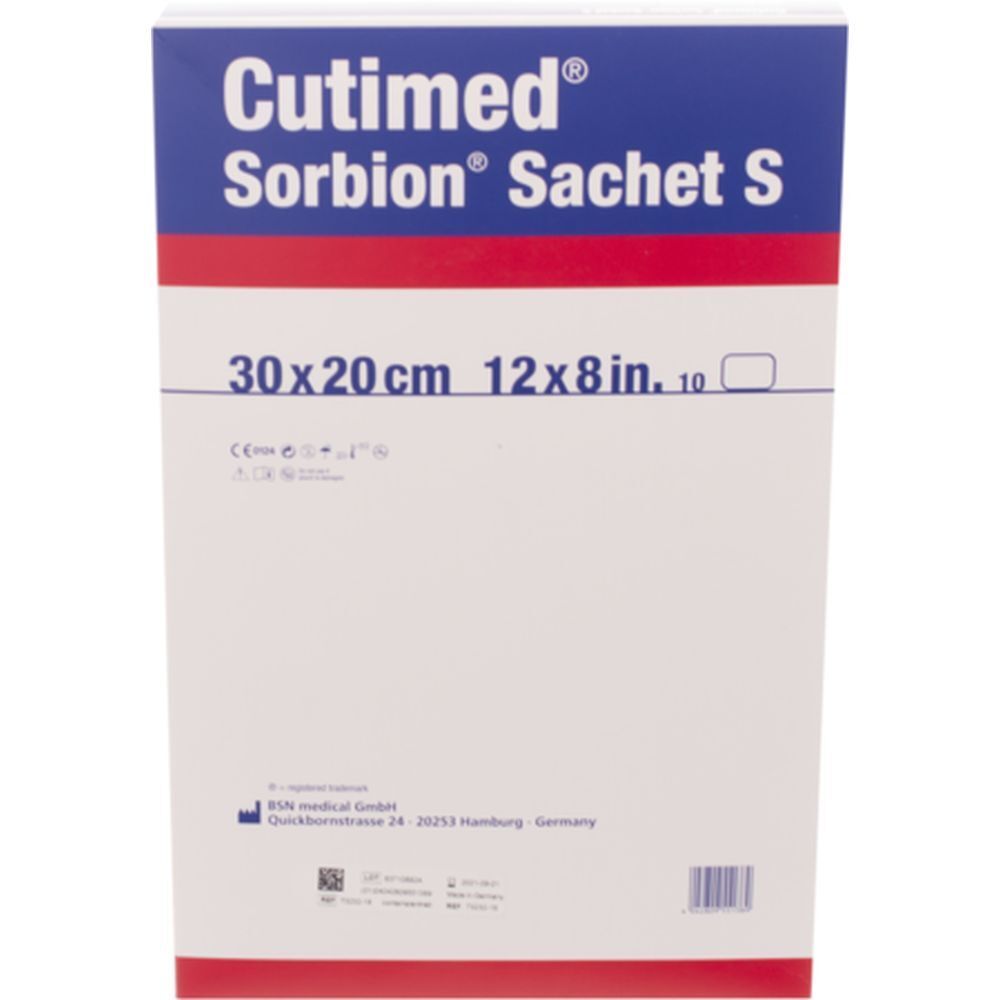 Emballage Cutimed Sorbion Sachet S. Emballage bleu et blanc avec nom du produit et dimensions 30x20cm.