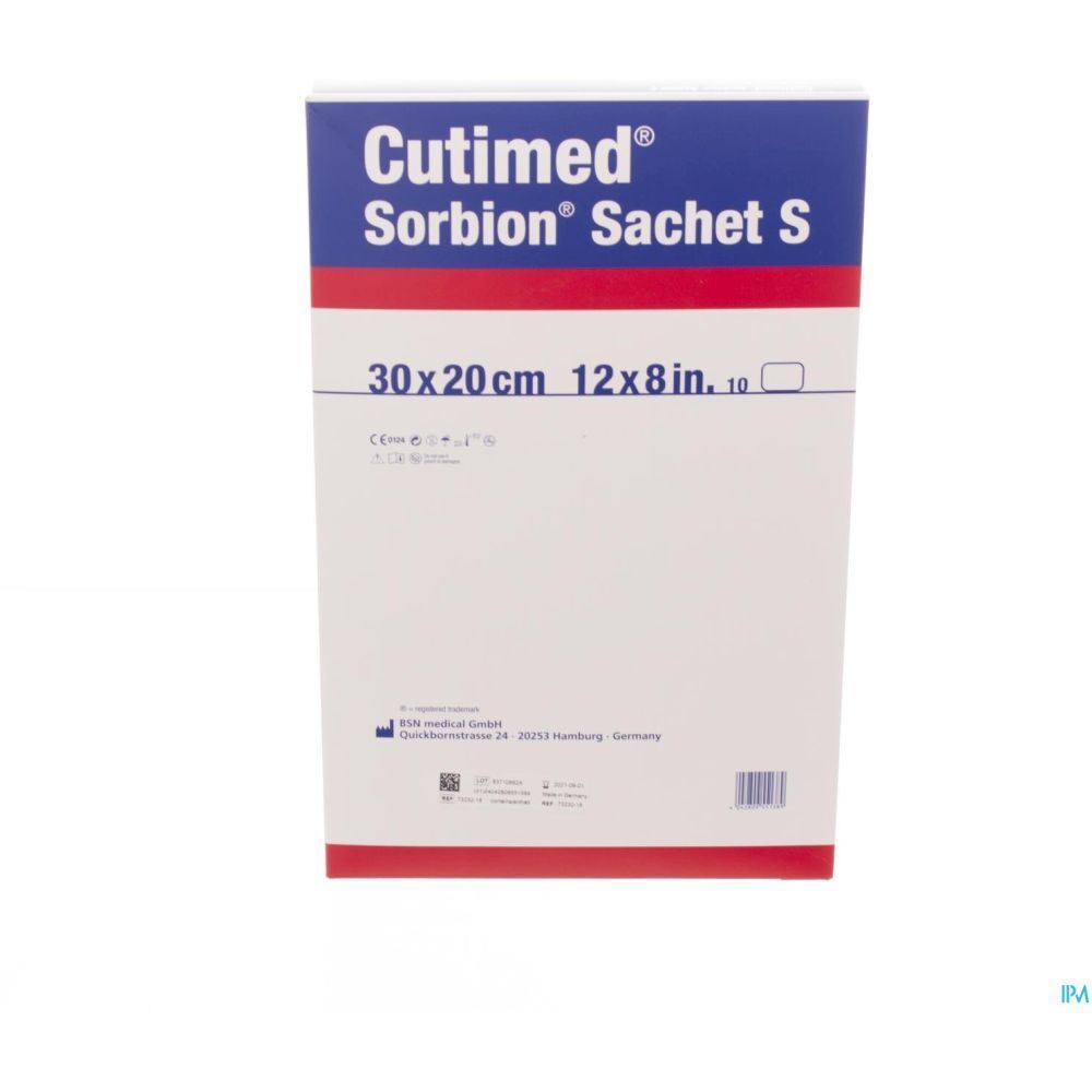 Emballage Cutimed Sorbion Sachet S. Emballage bleu et blanc avec nom du produit et dimensions 30x20cm.