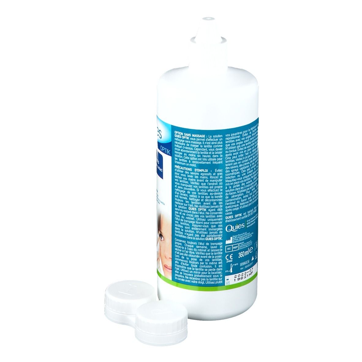 Flacon de solution Quies Optik pour lentilles souples. Texte au dos. Étui à lentilles à côté.