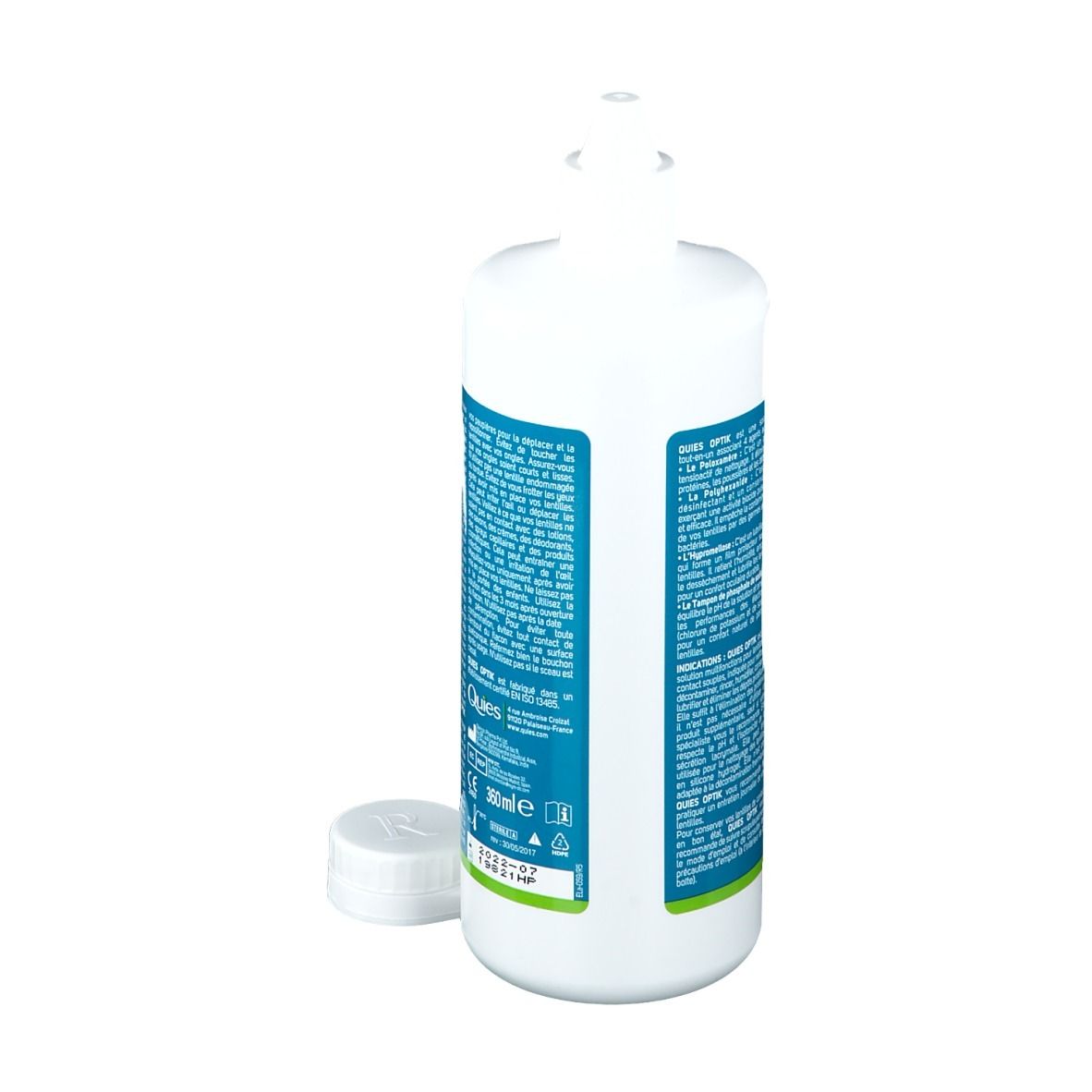 Flacon de solution Quies Optik pour lentilles souples. Texte au dos. Bouchon à côté.