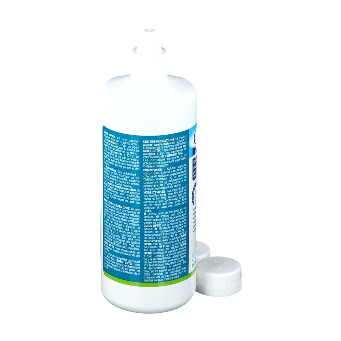 Flacon de solution Quies Optik pour lentilles souples. Texte au dos. Bouchon à côté.