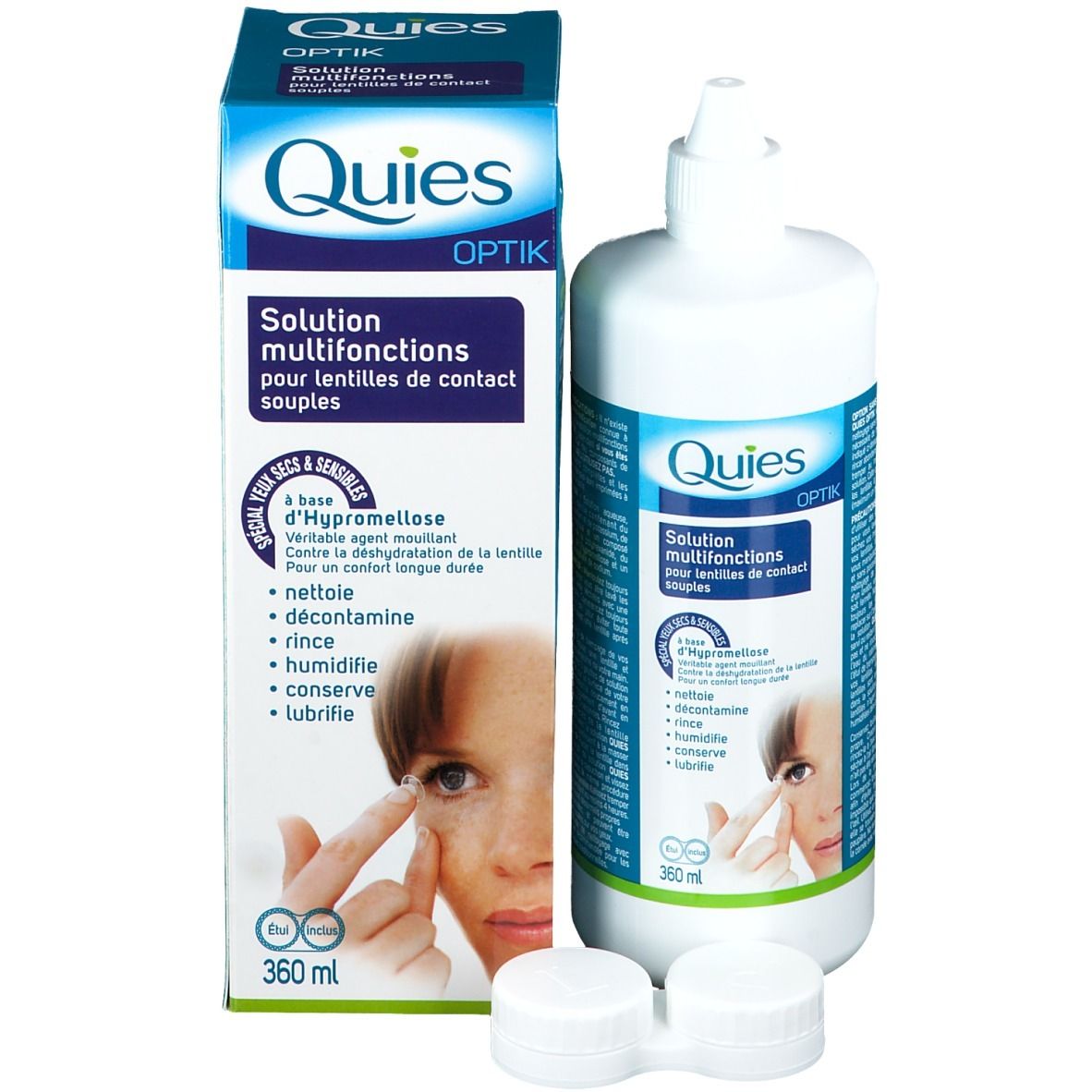 Solution Quies Optik pour lentilles souples et emballage. Inscriptions et illustration d'un œil.