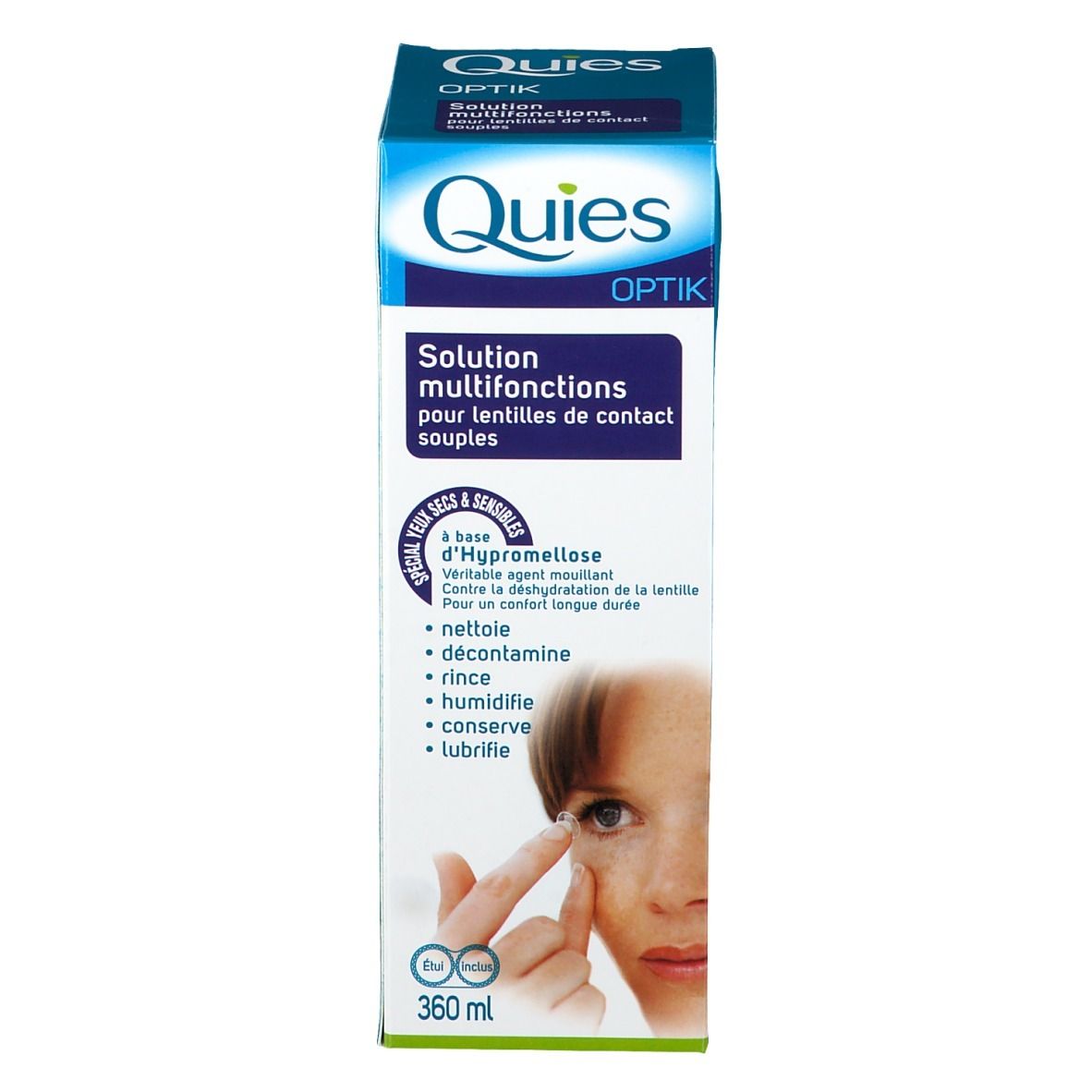 Emballage de solution Quies Optik pour lentilles souples. Inscriptions et illustration d'un œil.