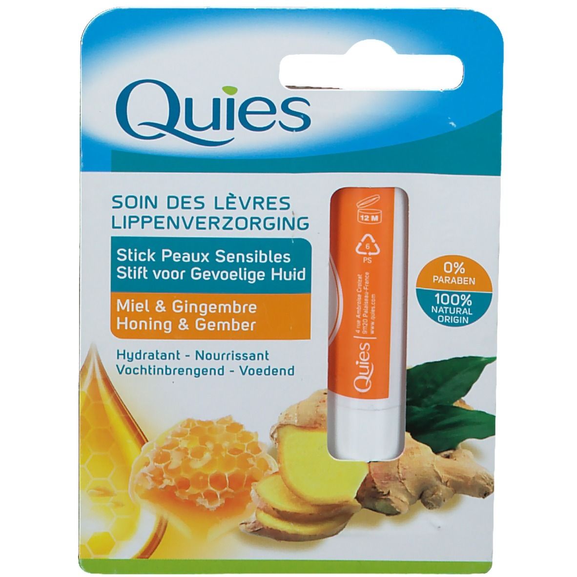 Emballage de stick pour les lèvres. Ingrédients et nom du produit imprimés. Illustration miel et gingembre.