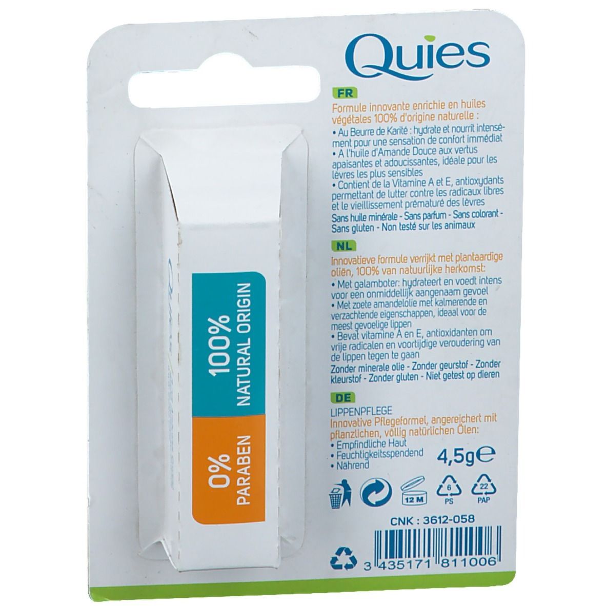 Dos de l'emballage du stick à lèvres. Texte avec ingrédients et informations. 100% Natural Origin.