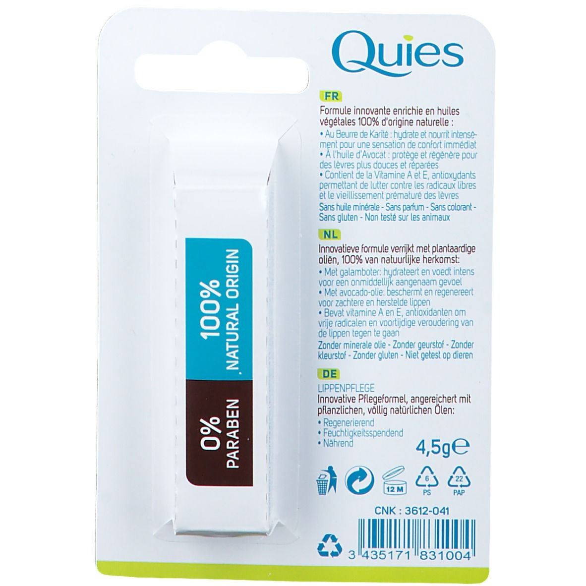 Dos du soin des lèvres Quies. Texte : 0% parabène, 100% origine naturelle. 4,5g. Ingrédients. Symboles de recyclage.