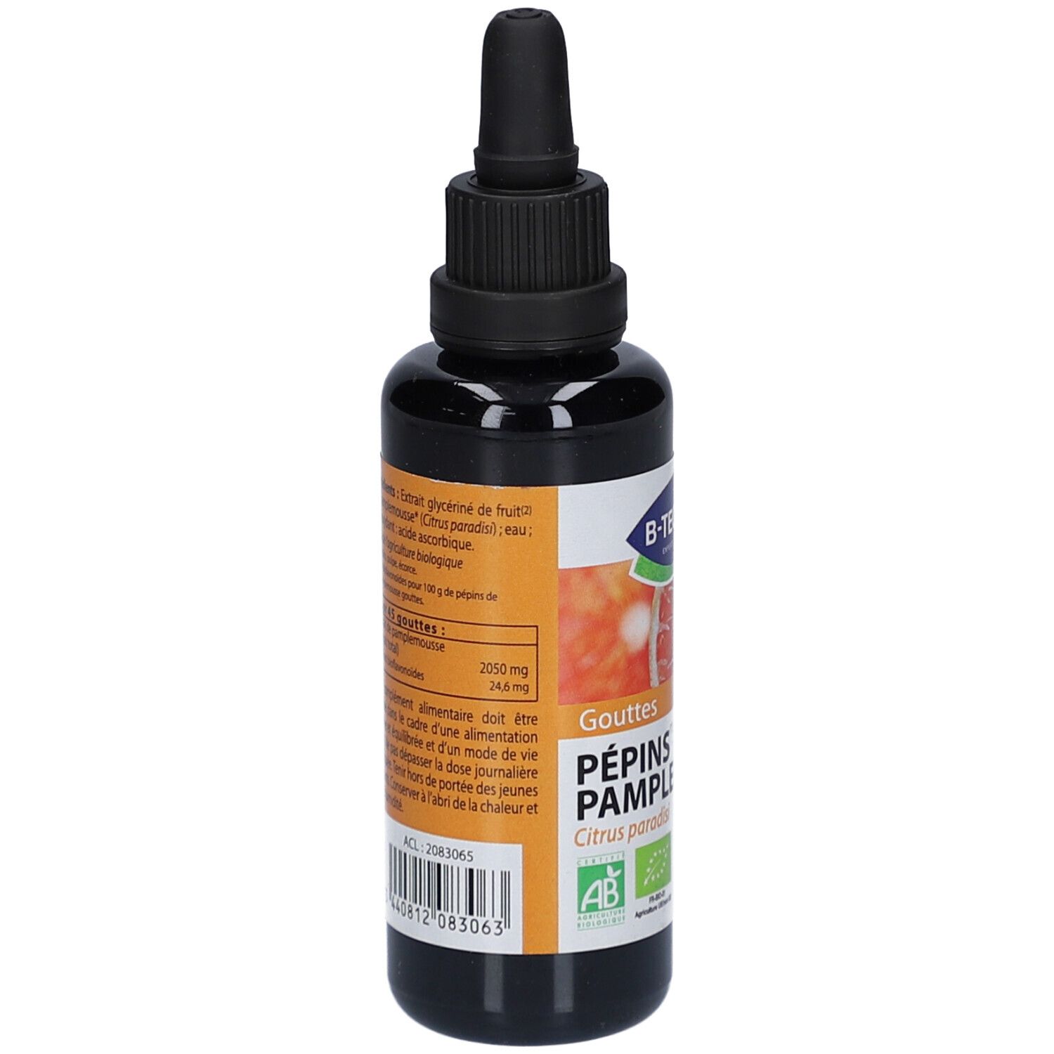 Flacon brun avec bouchon noir. Étiquette avec informations produit, ingrédients et code-barres. Label bio.