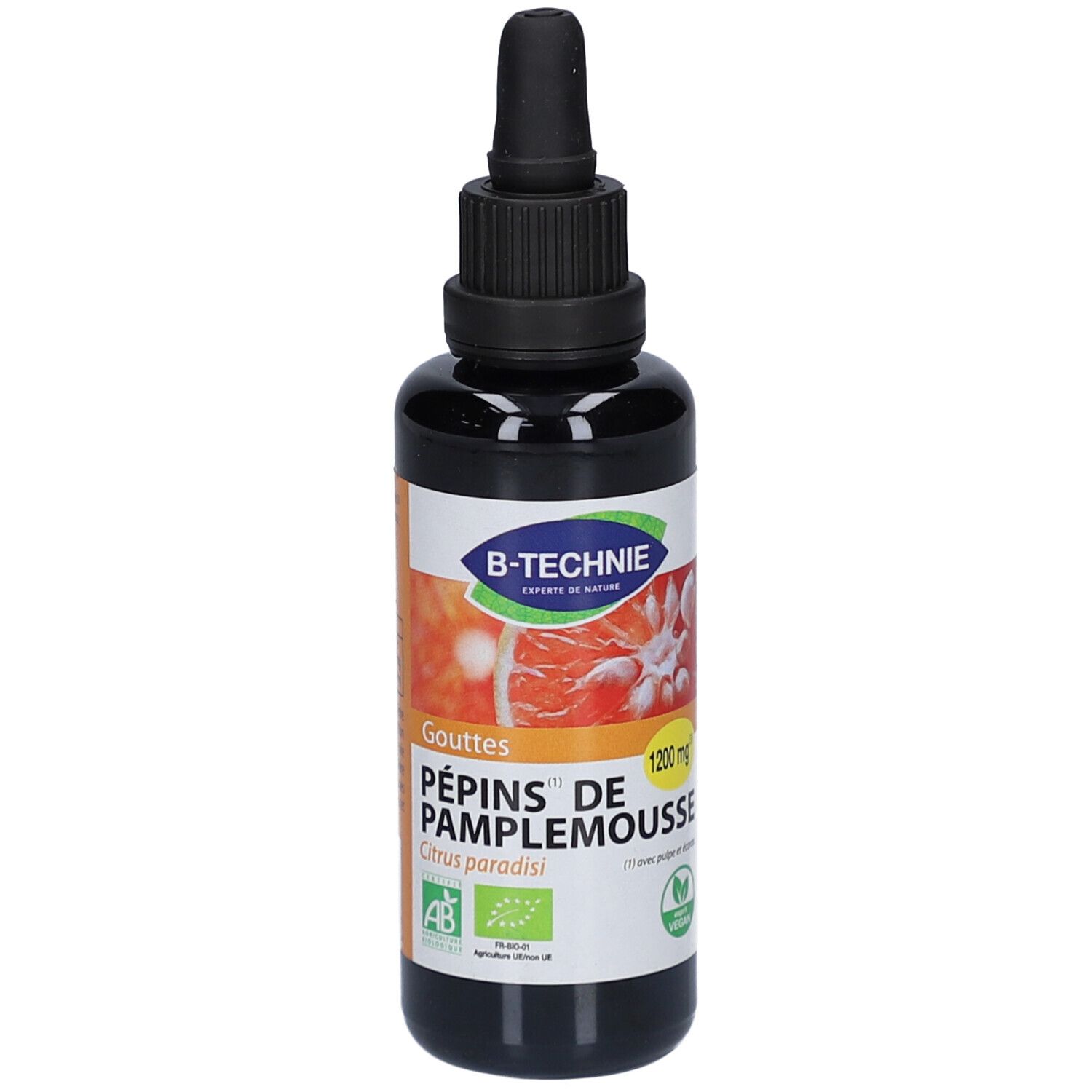 Flacon brun avec bouchon noir et compte-gouttes. Étiquette avec informations produit et logo. Label bio.