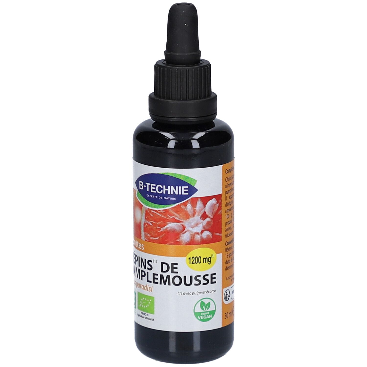 Flacon brun avec bouchon noir et compte-gouttes. Étiquette avec informations produit et logo. Label vegan.